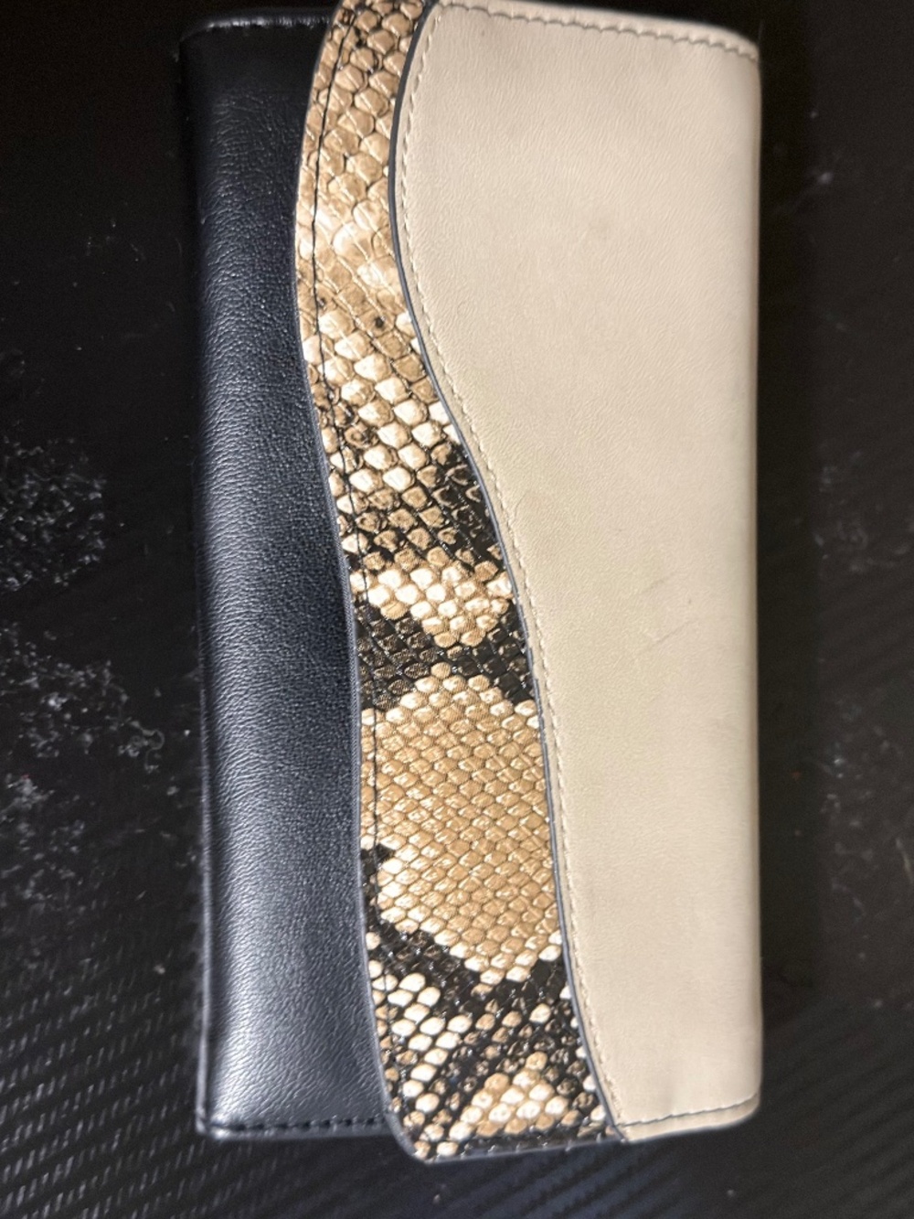 Colorblock Faux Snakeskin Trifold Continental Wallet | Black Beige Python Print
